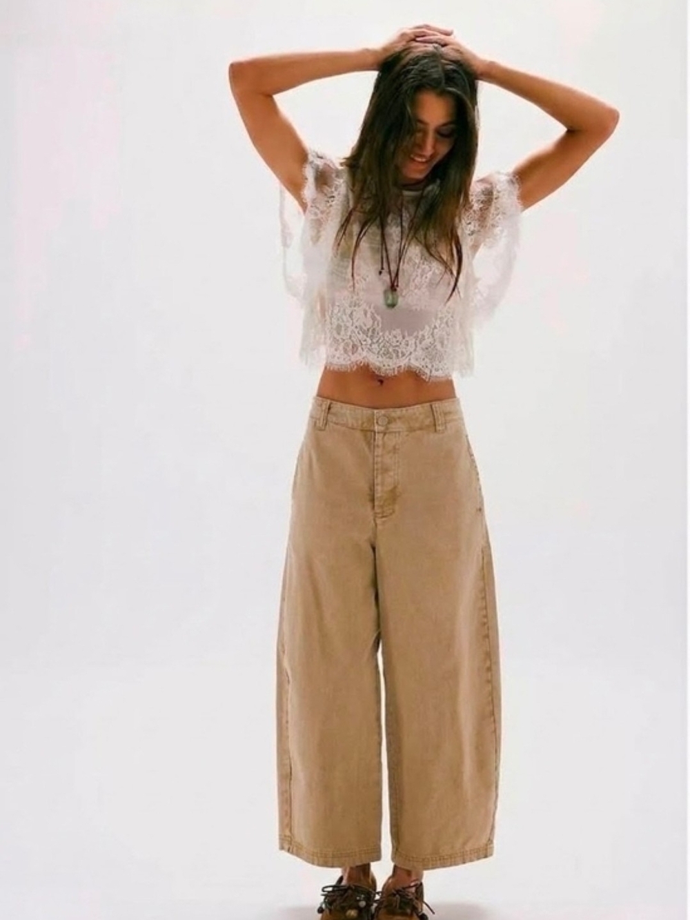 NWT Free People We The Free Lay Down Chino Trousers Wide Leg Tan Khaki Pants 0
